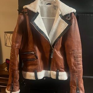 Women Brown faux Leather Jacket with Shearling Lining